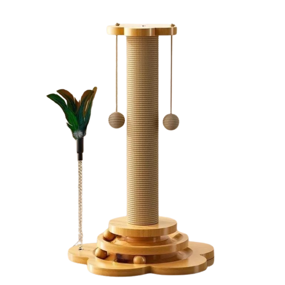 Rascador de madera con juguetes para gatos