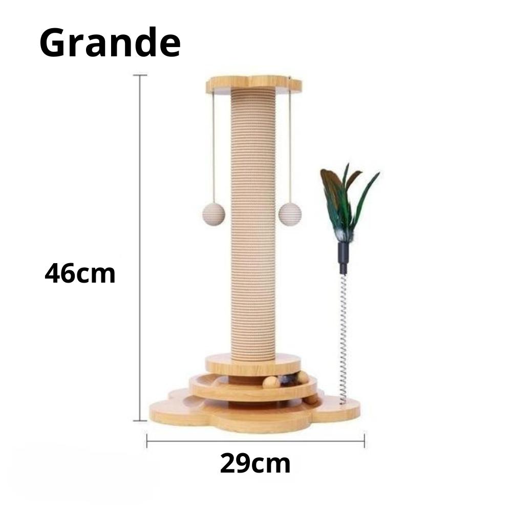 Rascador de madera con juguetes para gatos