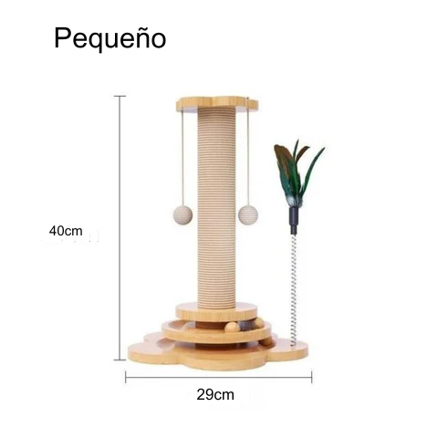 Rascador de madera con juguetes para gatos
