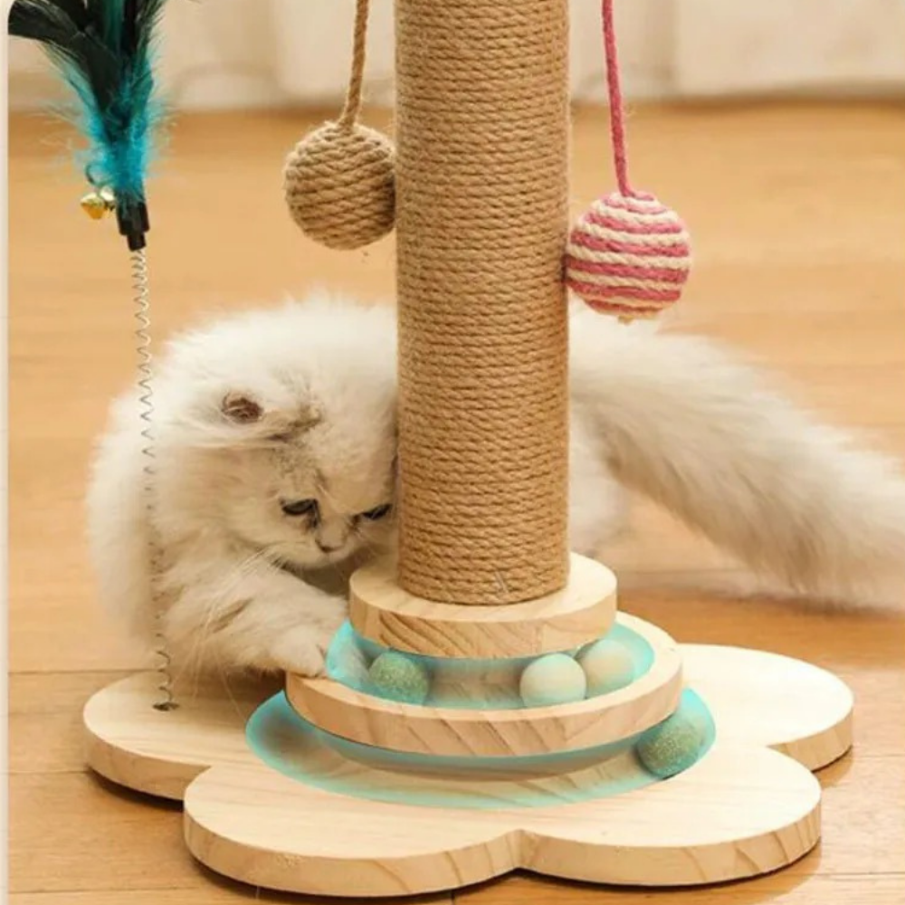 Wooden scraper with toys for cats