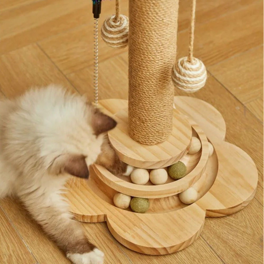 Wooden scraper with toys for cats