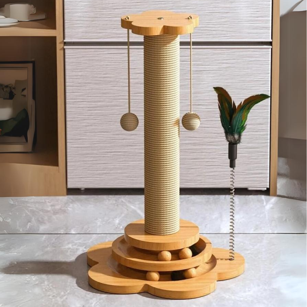 Wooden scraper with toys for cats