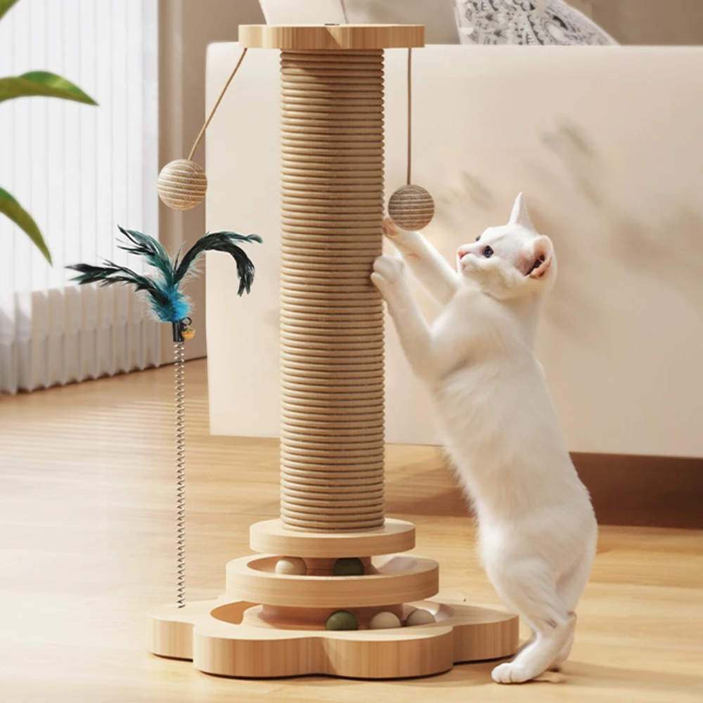 Wooden scraper with toys for cats